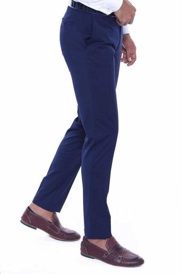 Plain Slim Fit Navy Blue Men Pants - Wessi