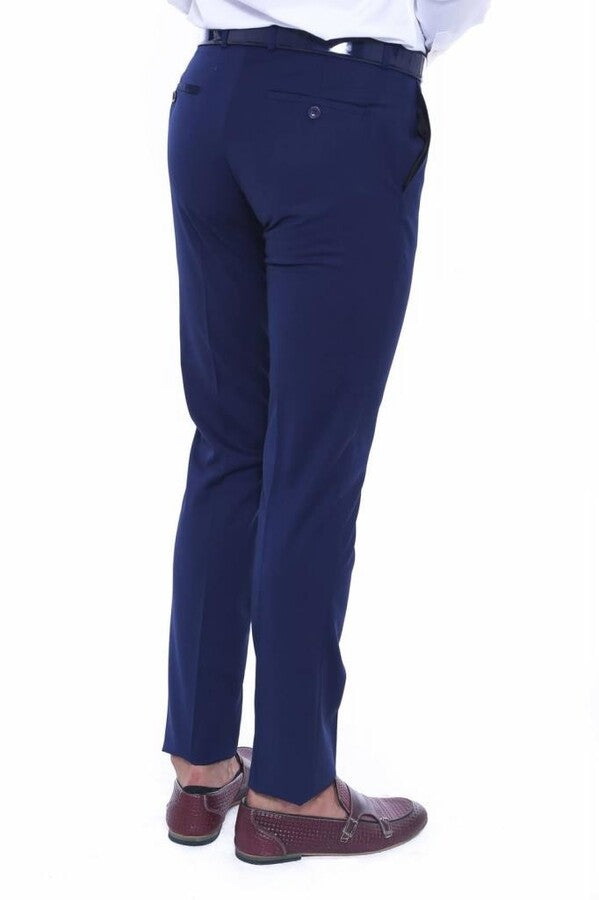 Plain Slim Fit Navy Blue Men Pants - Wessi