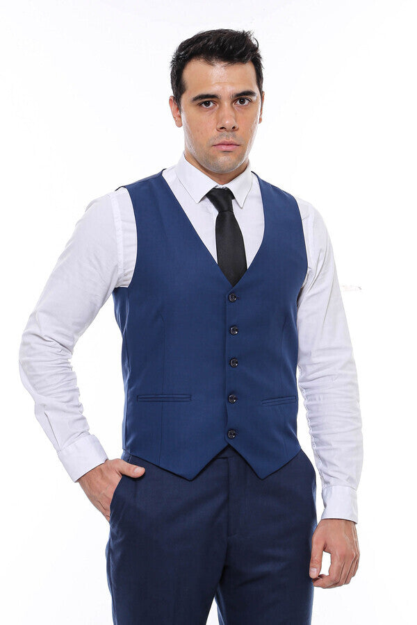 Plain Slim Fit Navy Blue Men Vest - Wessi