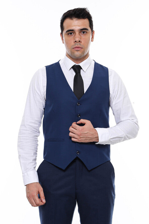 Plain Slim Fit Navy Blue Men Vest - Wessi