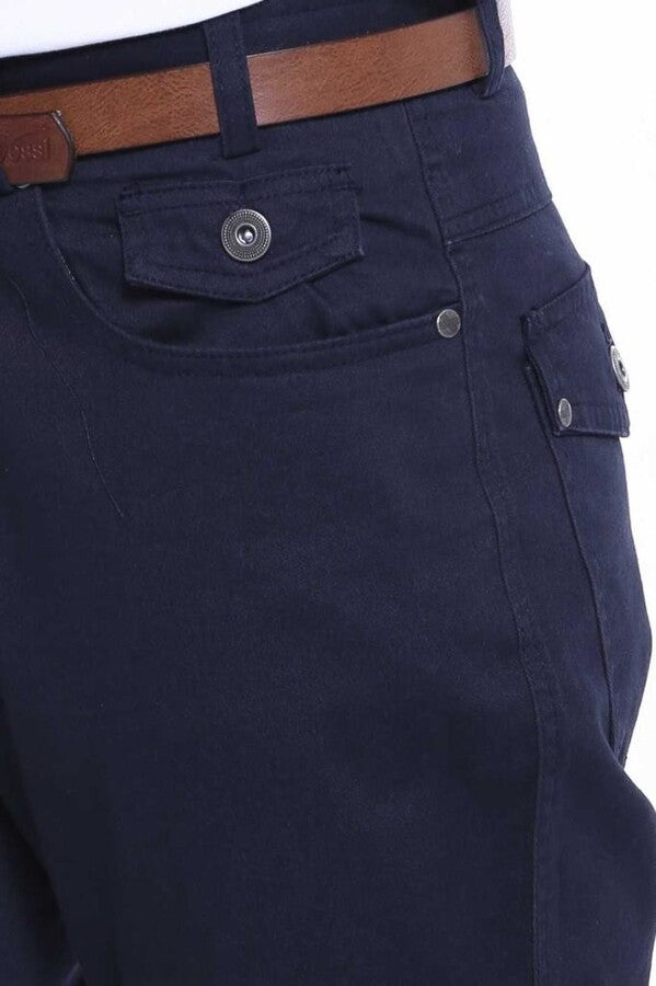 Plain Suede Flap Pockets Cotton Navy Blue Men Pants - Wessi