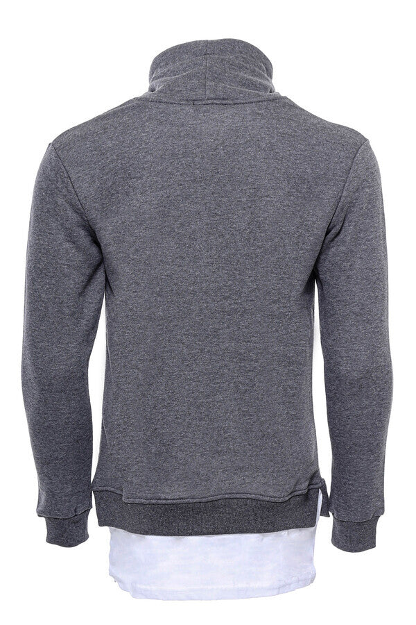 Point Collar T-Shirt Detailed Dark Grey Men's Sweatshirt - Wessi