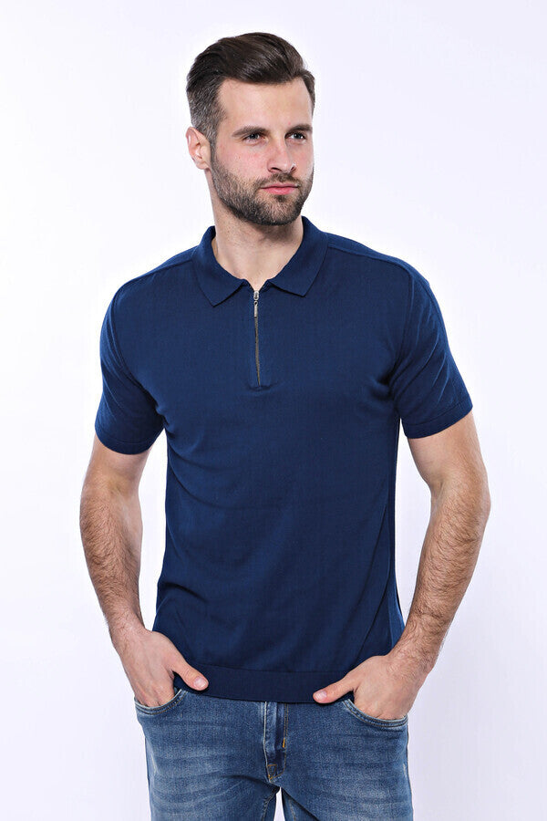 Polo Neck Plain Blue Knitted T-Shirt - Wessi
