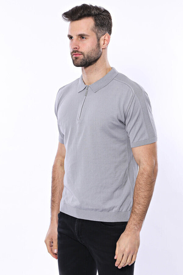 Polo Neck Plain Grey Knitted T-Shirt - Wessi