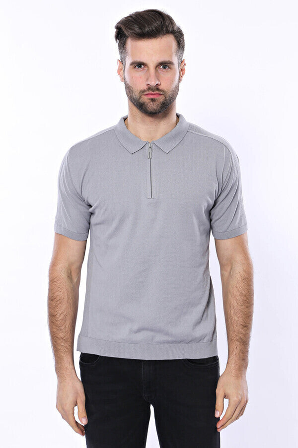 Polo Neck Plain Grey Knitted T-Shirt - Wessi