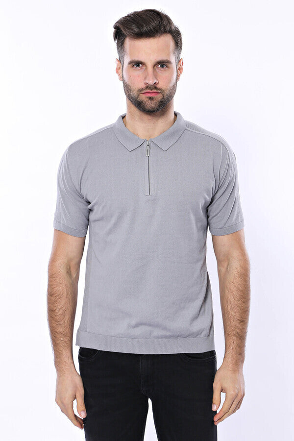 T-shirt lavorata a maglia grigia tinta unita con collo alto - Wessi