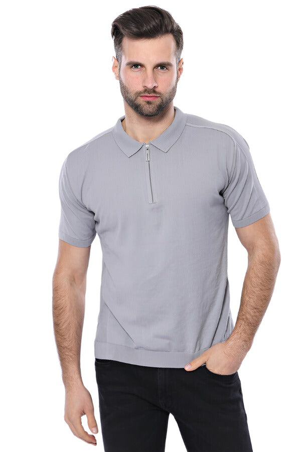 Polo Neck Plain Grey Knitted T-Shirt - Wessi