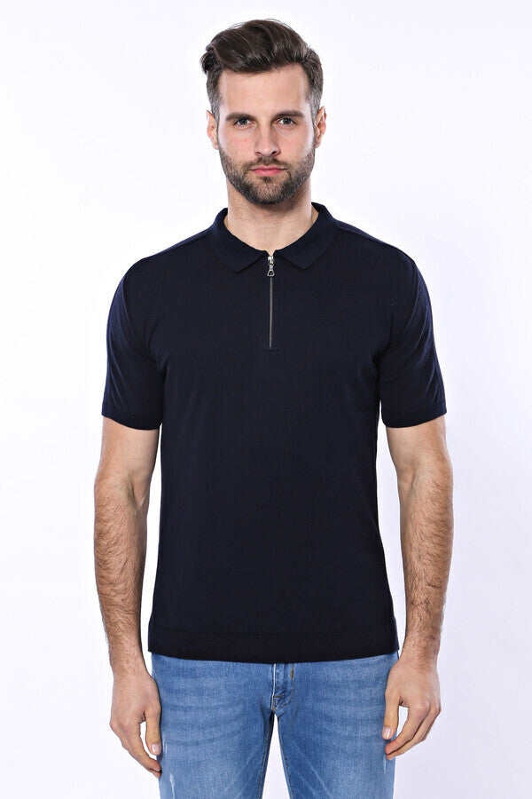 Polo Neck Plain Navy Knitted Blue Men T-Shirt - Wessi