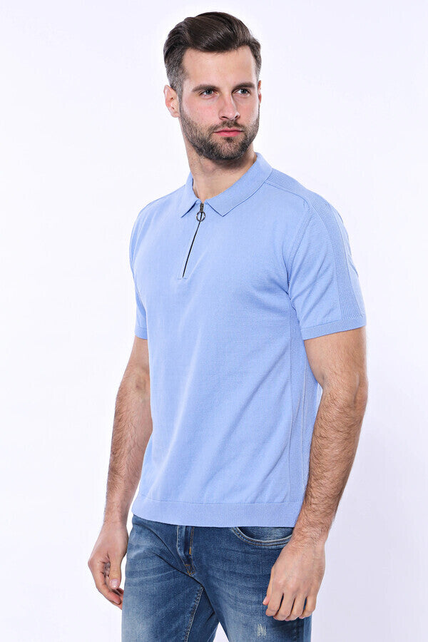 Polo Neck Plain Sky Blue Knitted T-Shirt - Wessi
