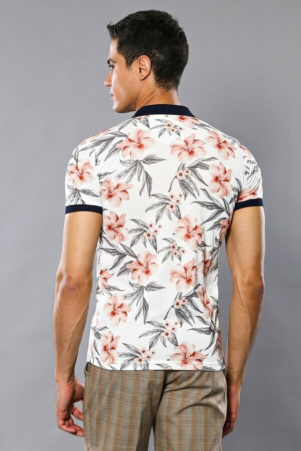 Polo Neck Floral Patterned Men Cream T-Shirt - Wessi