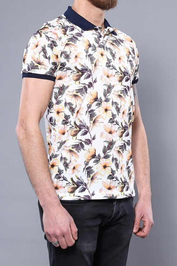 Polo Neck Floral Pattern Orange T-Shirt - Wessi