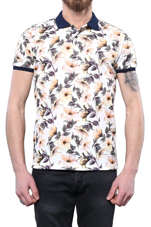 Polo Neck Floral Pattern Orange T-Shirt - Wessi