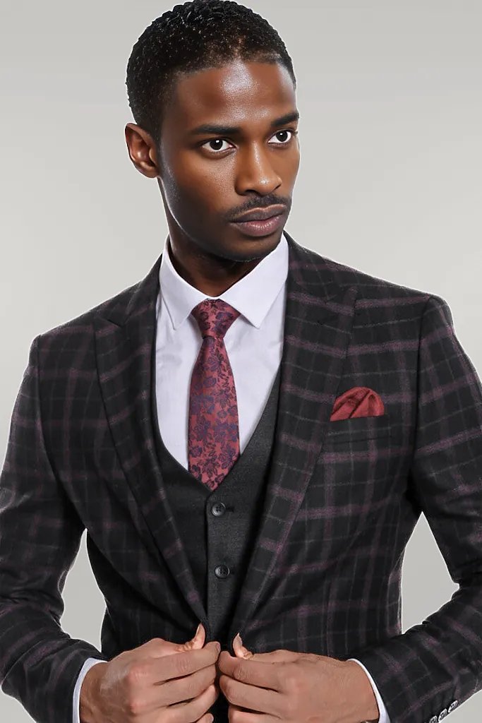 Purple Vested Slim Fit Checked Black Men Suit - Wessi