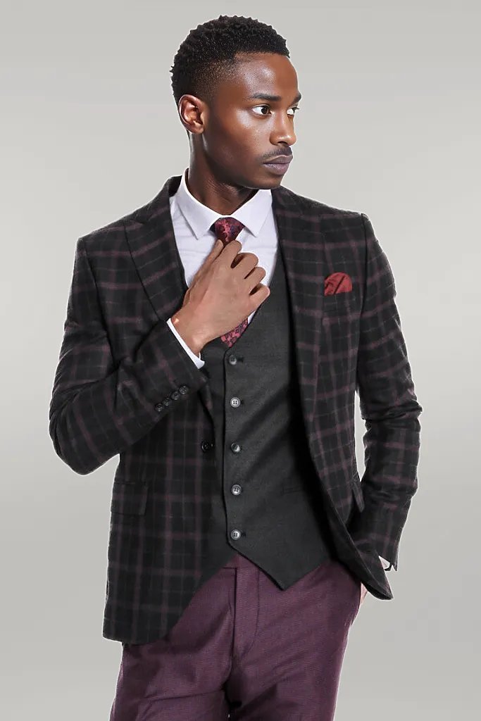 Purple Vested Slim Fit Checked Black Men Suit - Wessi