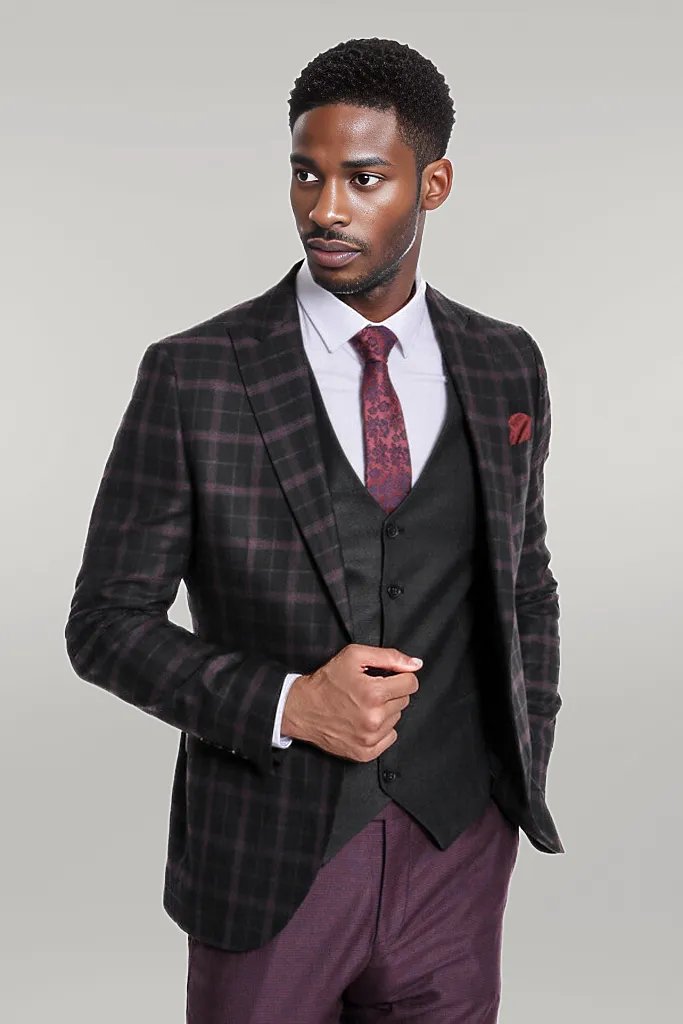 Purple Vested Slim Fit Checked Black Men Suit - Wessi