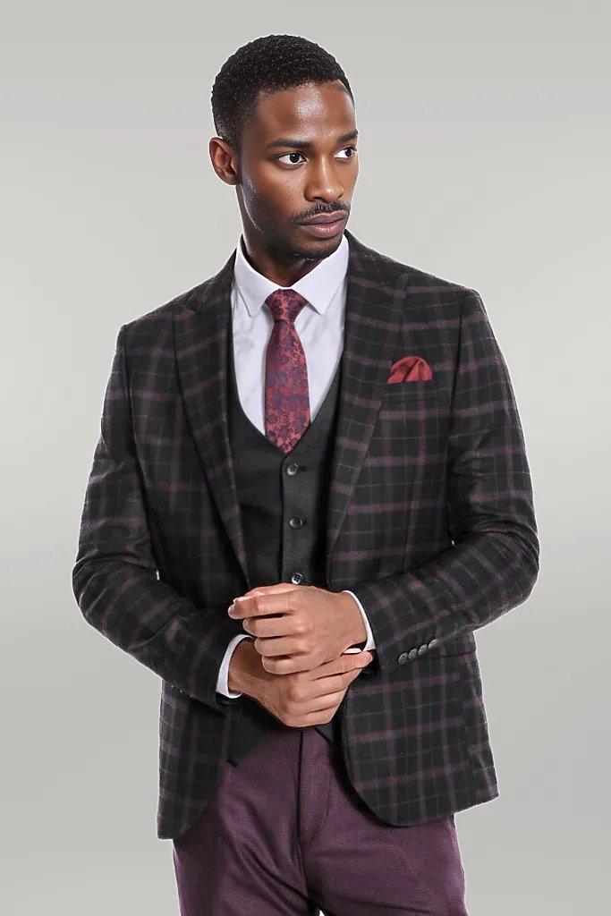 Purple Vested Slim Fit Checked Black Men Suit - Wessi