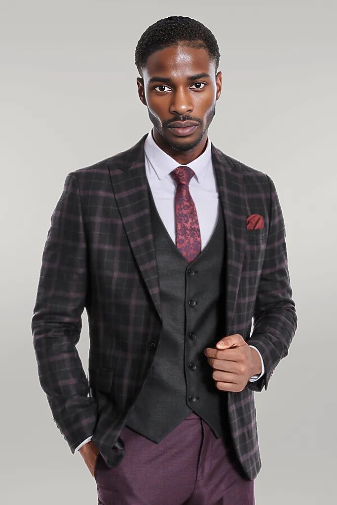 Purple Vested Slim Fit Checked Black Men Suit - Wessi