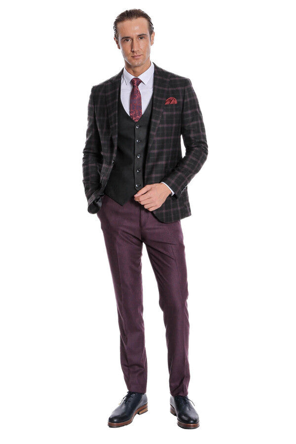 Purple Vested Slim Fit Checked Black Men Suit - Wessi