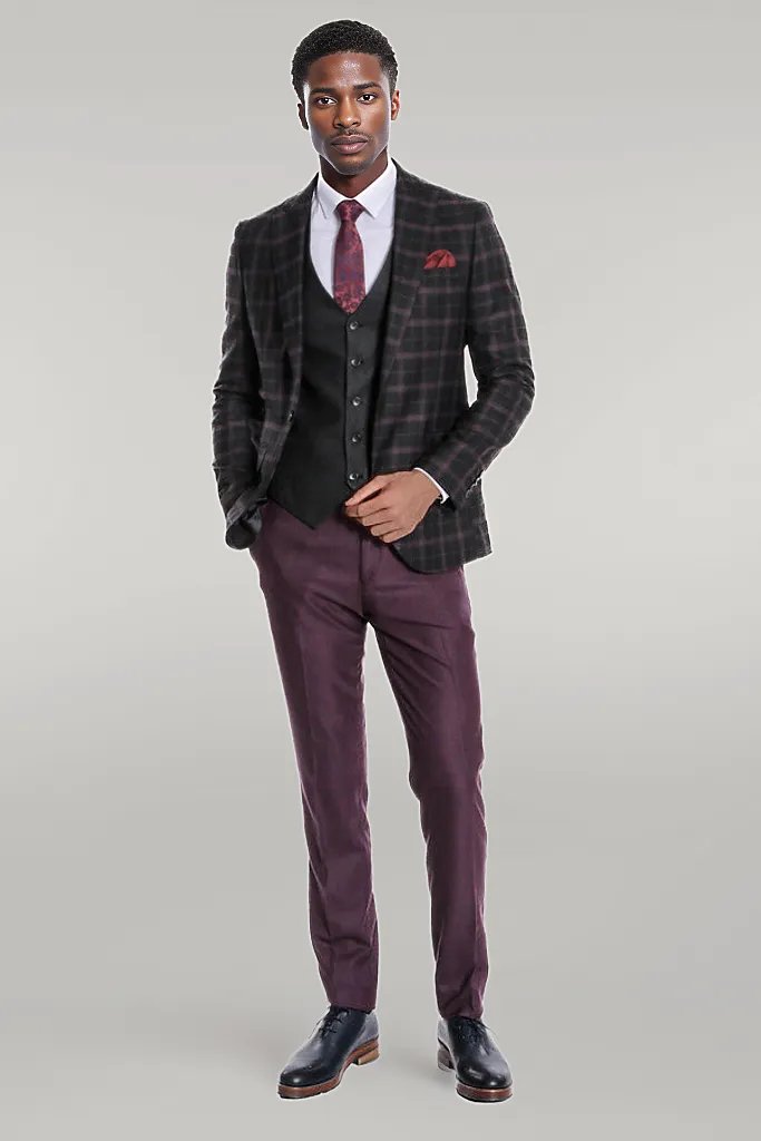 Purple Vested Slim Fit Checked Black Men Suit - Wessi