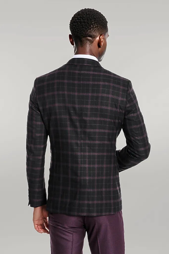 Purple Vested Slim Fit Checked Black Men Suit - Wessi