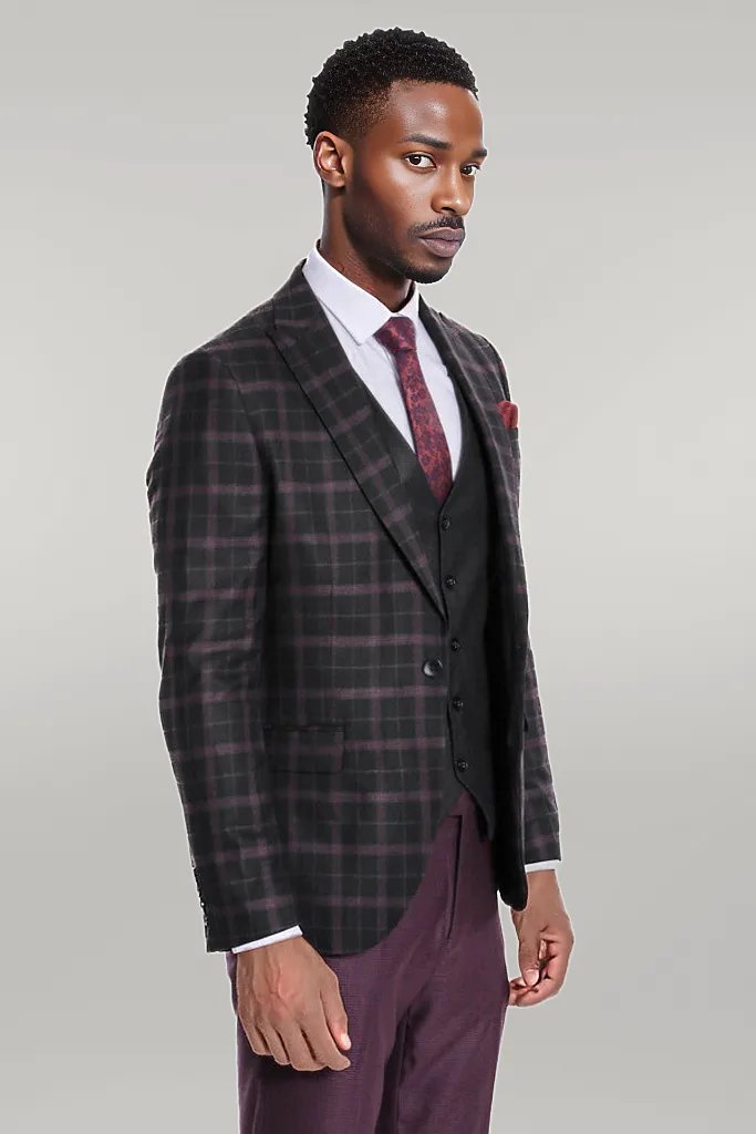 Purple Vested Slim Fit Checked Black Men Suit - Wessi