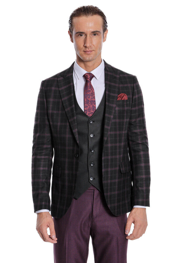 Purple Vested Slim Fit Checked Black Men Suit - Wessi
