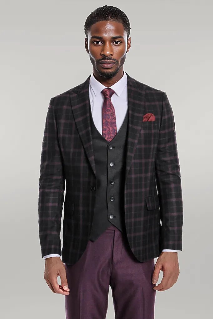 Purple Vested Slim Fit Checked Black Men Suit - Wessi