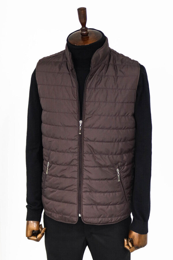 Quilted Sleeveless Brown Men Down Vest - Wessi