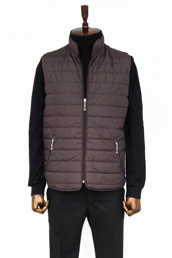 Quilted Sleeveless Brown Men Down Vest - Wessi