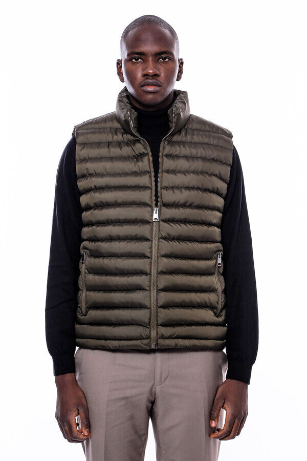 Quilted Zippered Khaki Men Down Vest - Wessi