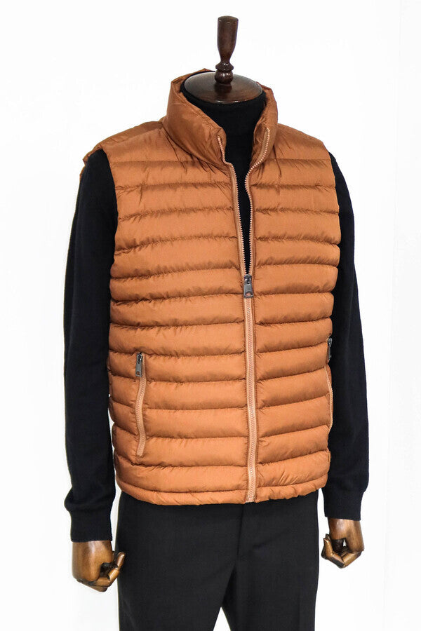 Quilted Zippered Light Brown Men Down Vest - Wessi