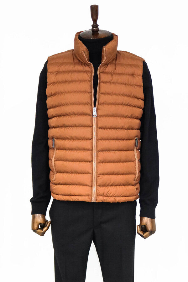 Quilted Zippered Light Brown Men Down Vest - Wessi