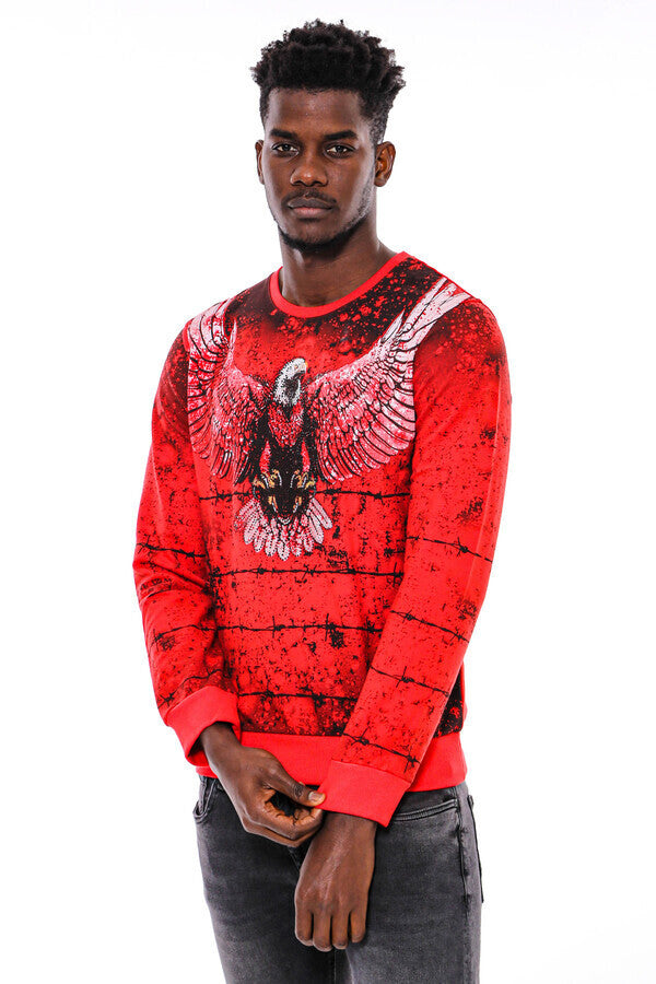 Red Eagle Patterned Slim Fit Sweatshirt - Wessi