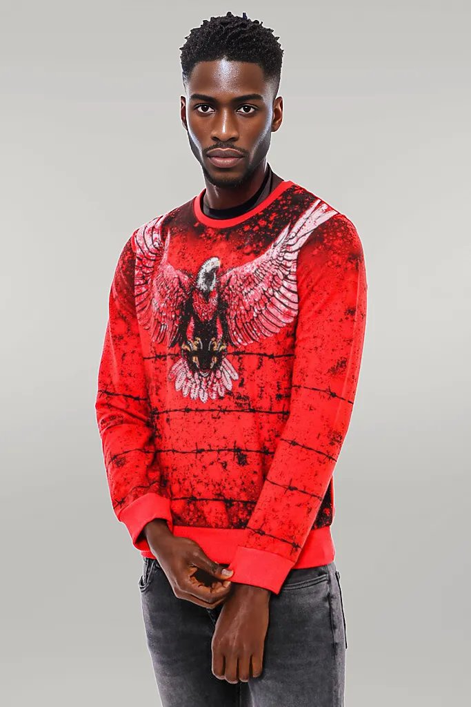 Red Eagle Patterned Slim Fit Sweatshirt - Wessi