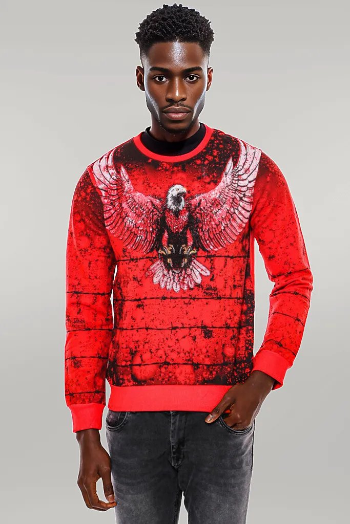 Red Eagle Patterned Slim Fit Sweatshirt - Wessi