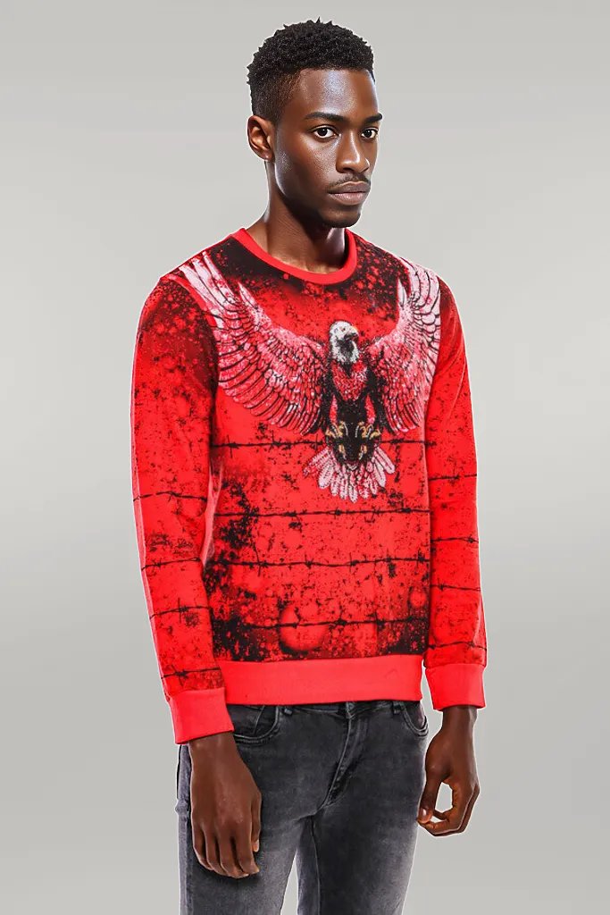 Red Eagle Patterned Slim Fit Sweatshirt - Wessi