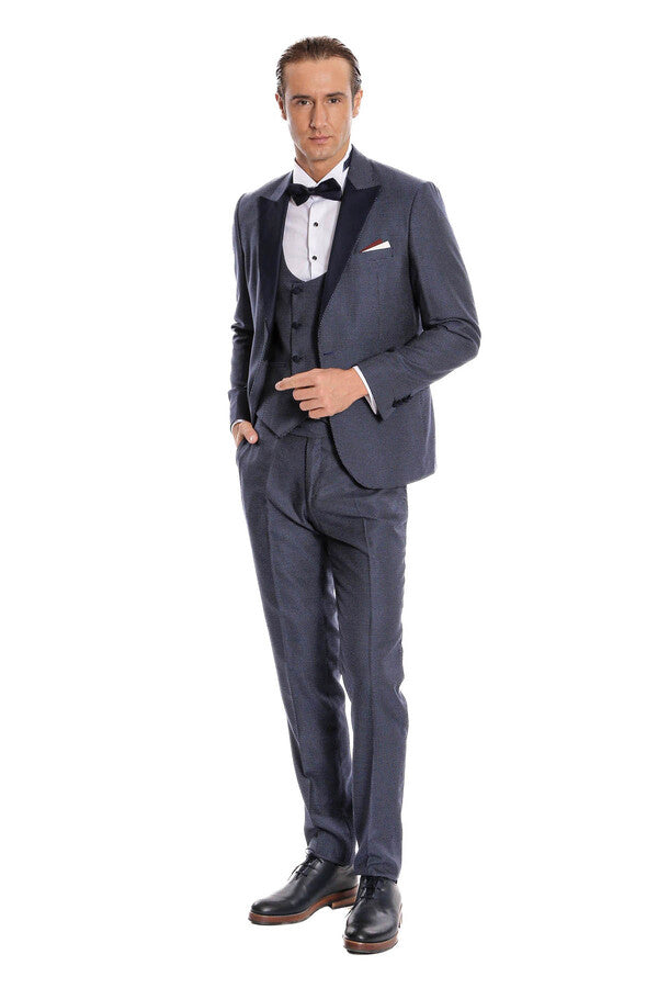 Removable Lapel Vested Navy Blue Tuxedo - Wessi