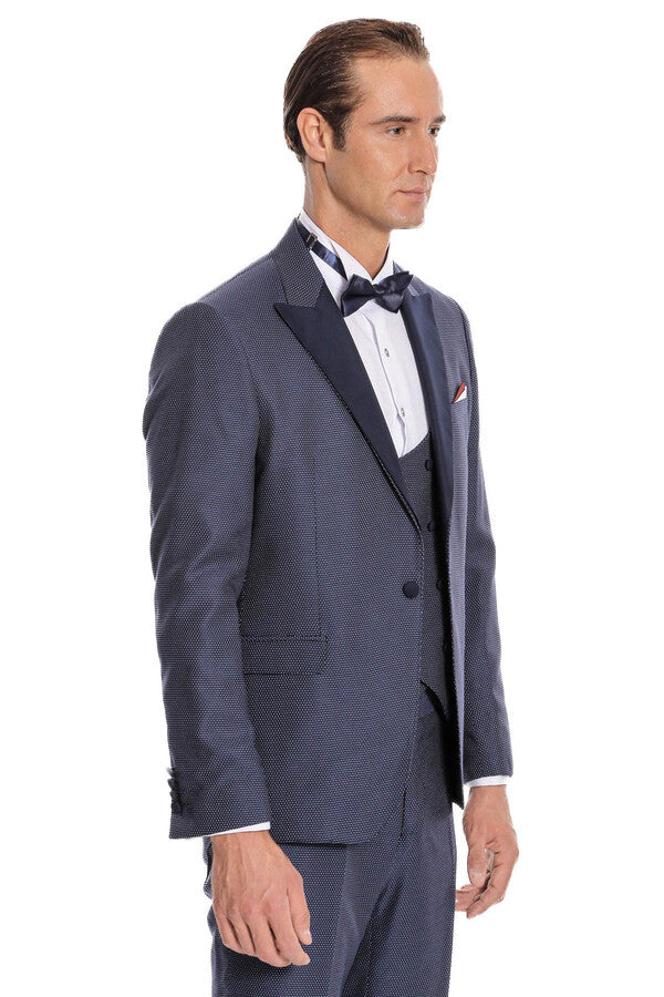 Removable Lapel Vested Navy Blue Tuxedo - Wessi