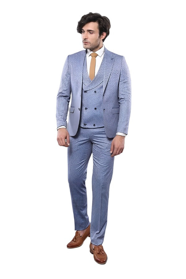 Self Patterned Vested Blue Suit | Wessi