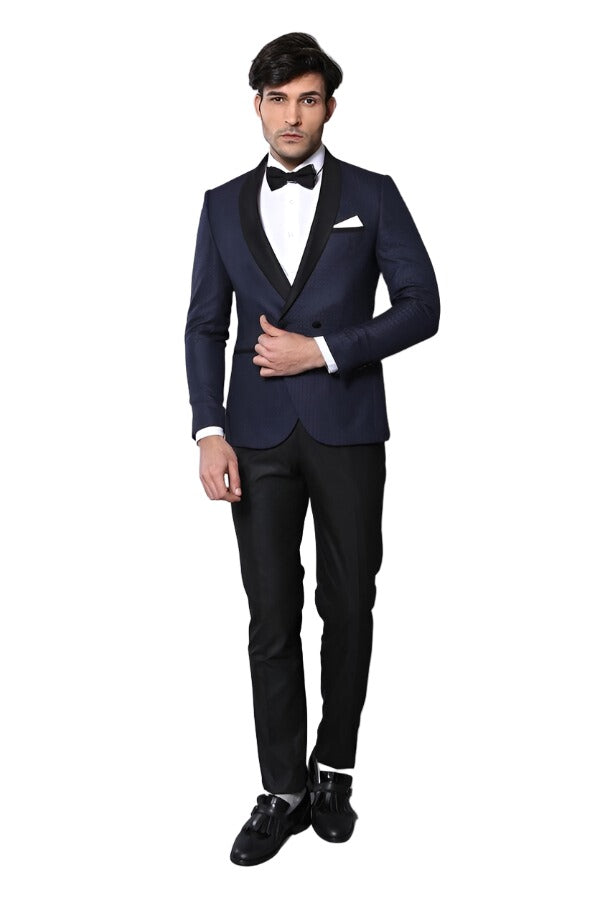 Shawl Lapel Double Breasted Navy Blue Suit | Wessi