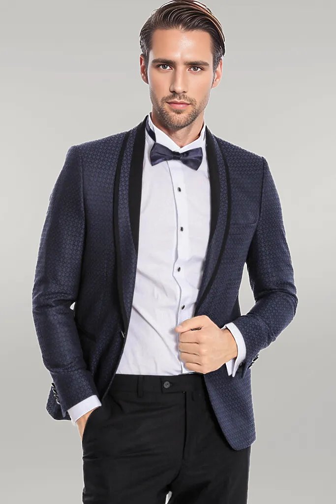 Smoking bleu marine coupe slim à motifs avec revers châle | Wess