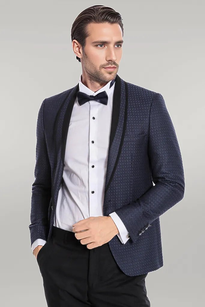 Smoking bleu marine coupe slim à motifs avec revers châle | Wess