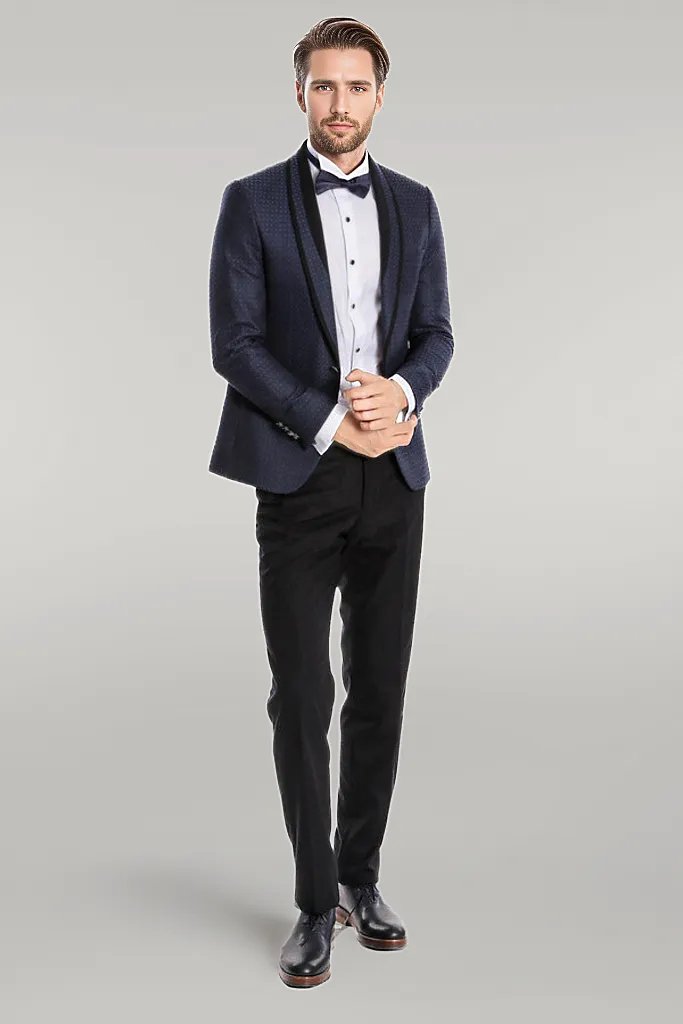 Smoking bleu marine coupe slim à motifs avec revers châle | Wess