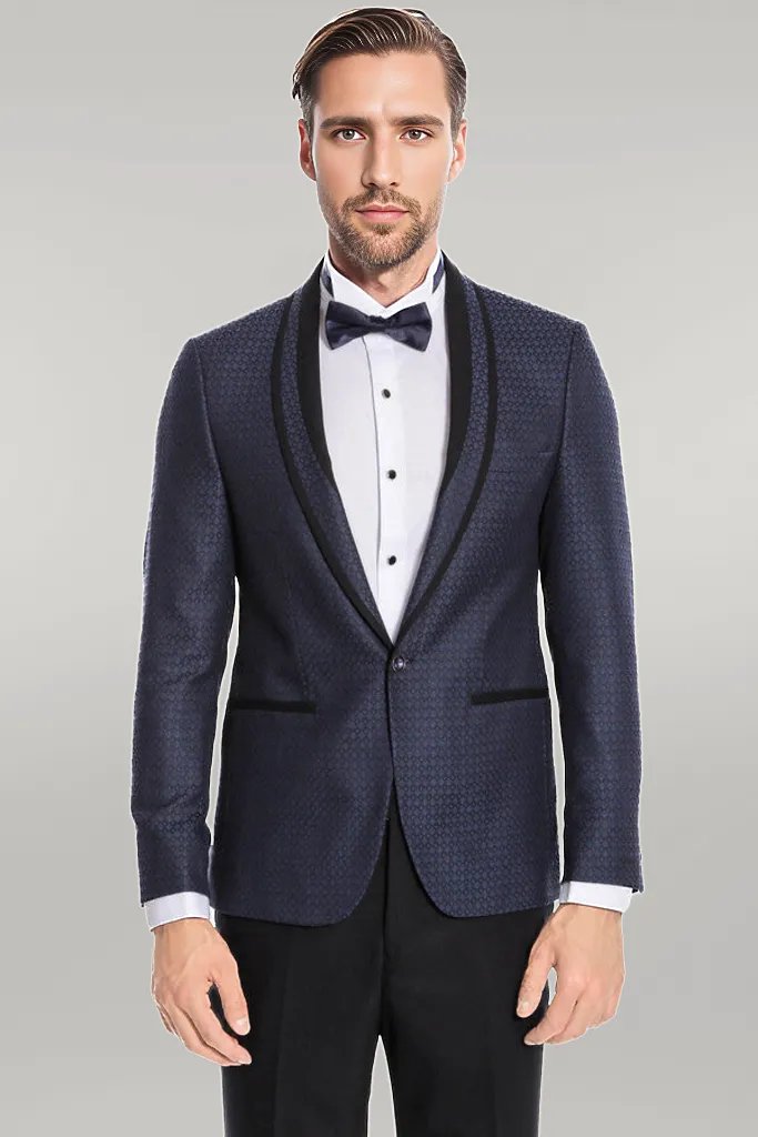 Smoking bleu marine coupe slim à motifs avec revers châle | Wess