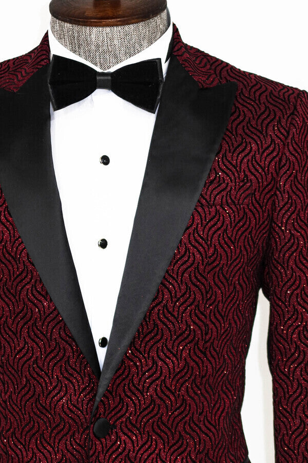 Shiny Patterned Burgundy Prom Blazer - Wessi