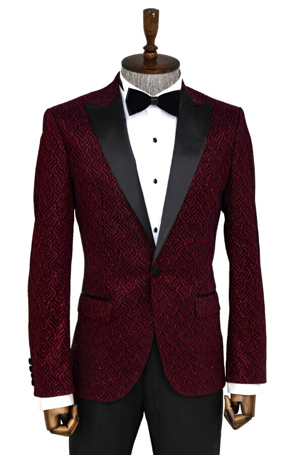 Shiny Patterned Burgundy Prom Blazer - Wessi