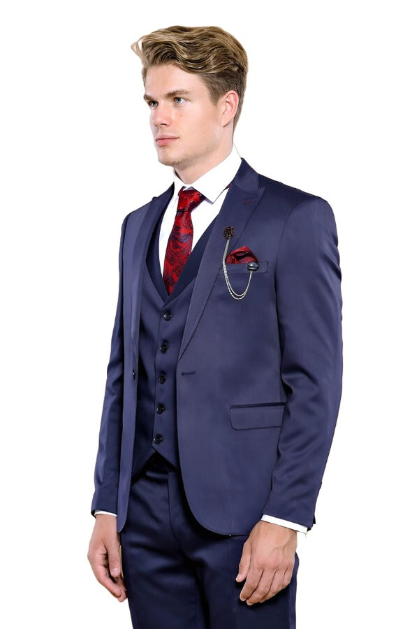 Single Button Dark Blue Vested Suit | Wessi