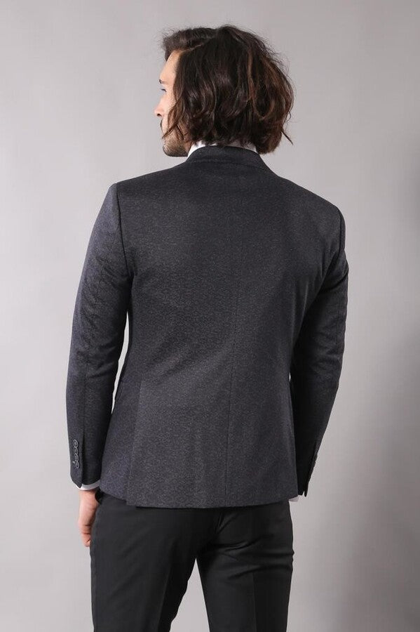 Single Button Double Vent Pointed Collar Navy Blue Blazer - Wessi