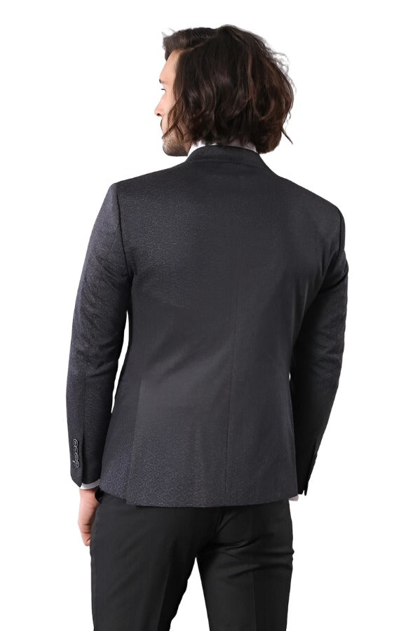 Single Button Double Vent Pointed Collar Navy Blue Blazer - Wessi