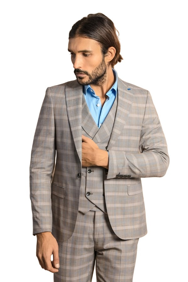 Single Button Peak Lapel 3-Piece Suit in Beige- Wessi